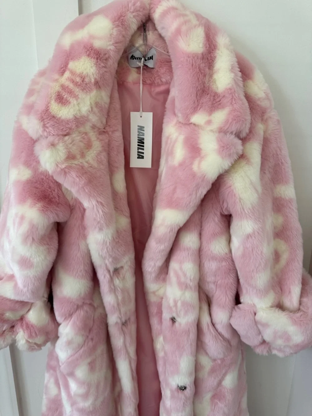 NWT Namilia PINK DICK DOLLAR FAUX FUR COAT Size S